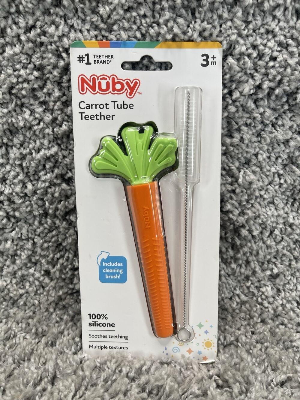 Nuby Carrot Tube Teether Soft Silicone Baby Teething Toy Ages 3 Months Up New